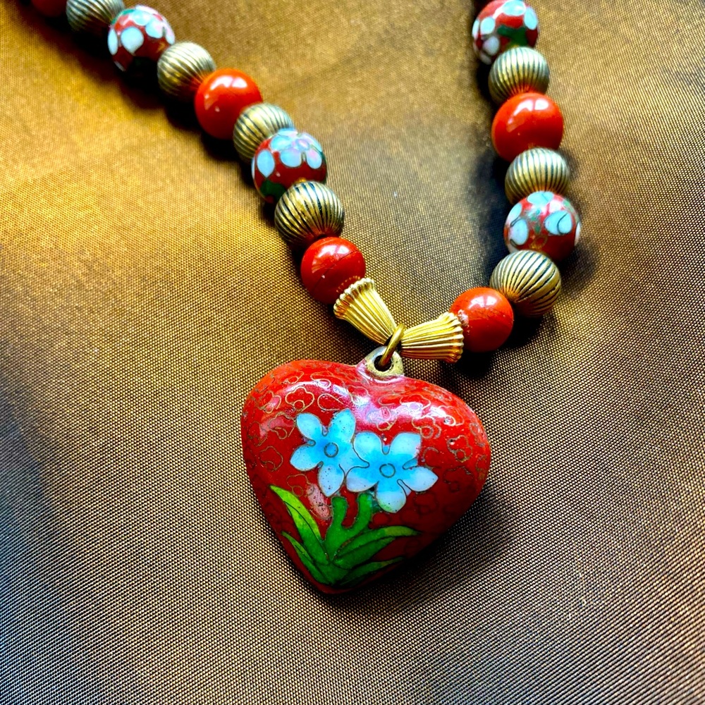 Cloisonné and Bead Heart Necklace